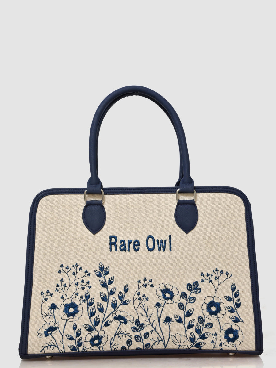 Blue Petal Elegance Customized Embroidery Tote Bag - Rare Owl