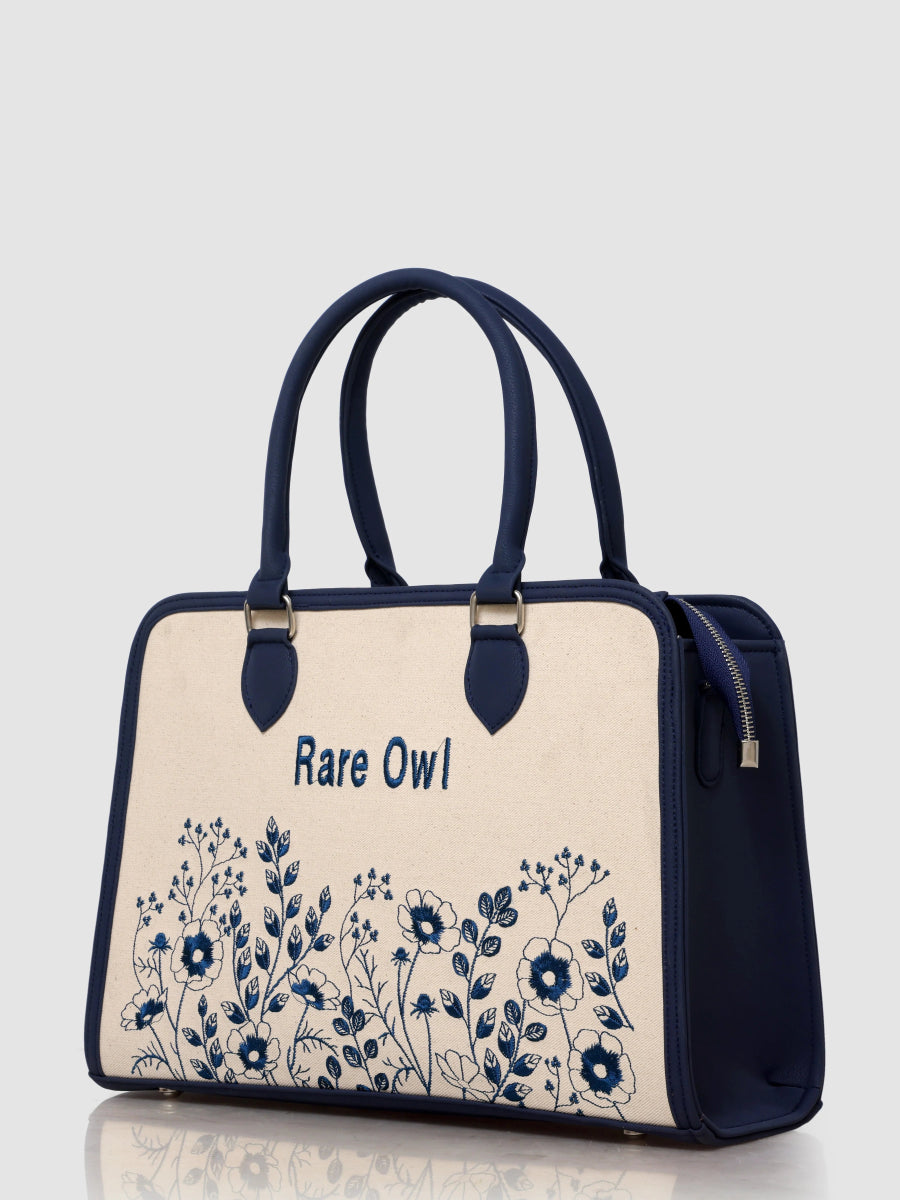 Blue Petal Elegance Customized Embroidery Tote Bag - Rare Owl