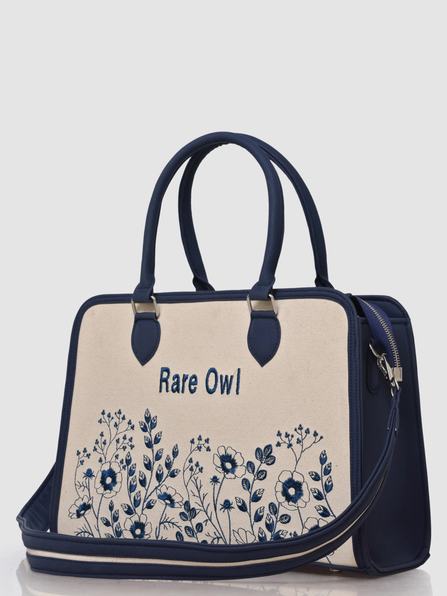 Blue Petal Elegance Customized Embroidery Tote Bag - Rare Owl
