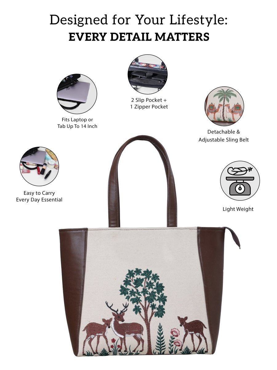 Deer Blossom Carryall Embroidered Tote - Rare Owl