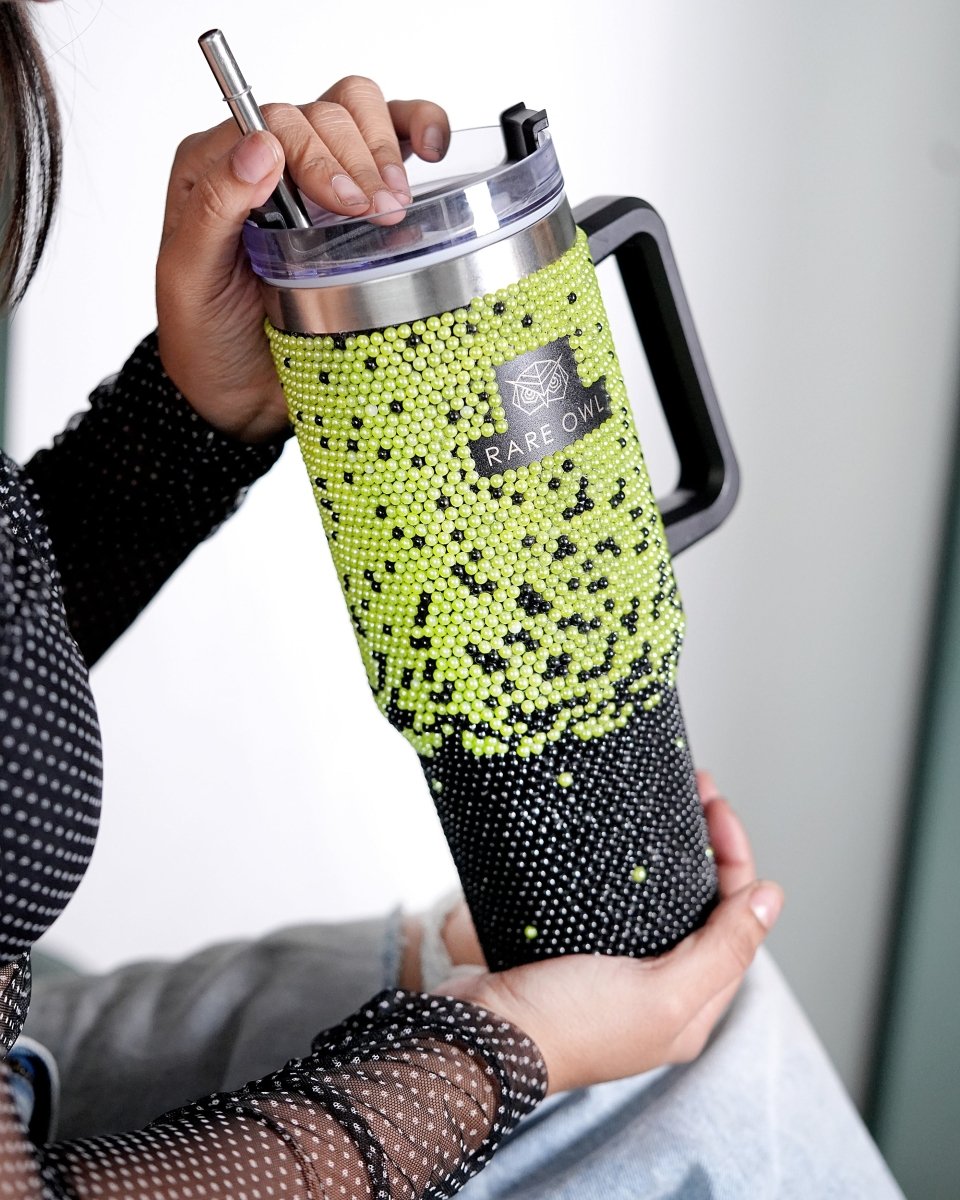 Neon Night Handmade Rhinestone Customized Name Tumbler - Rare Owl