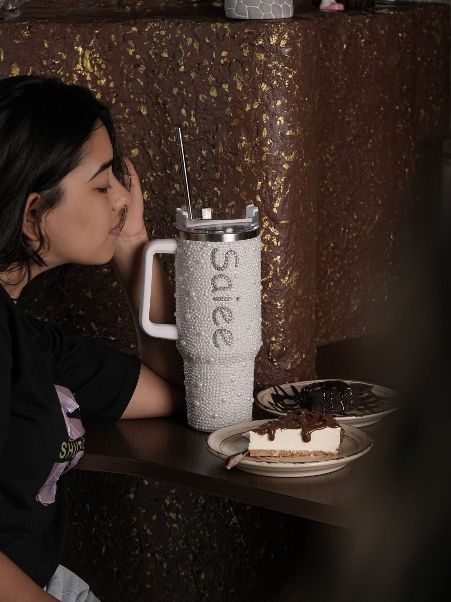 Pearl White Handmade Rhinestone Customized Name Tumbler - Rare Owl