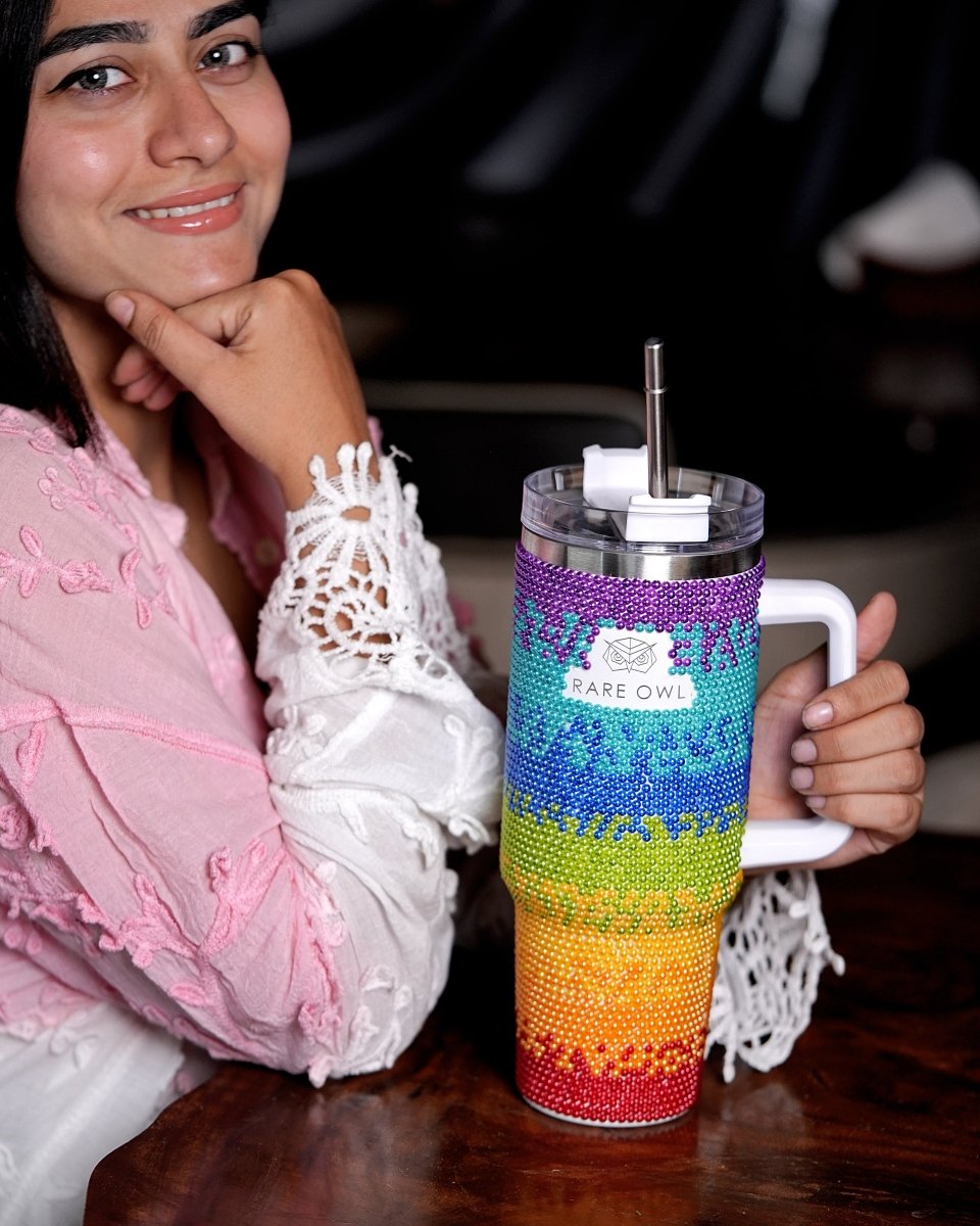 Rainbow Sparkler Handmade Rhinestone Customized Name Tumbler - Rare Owl