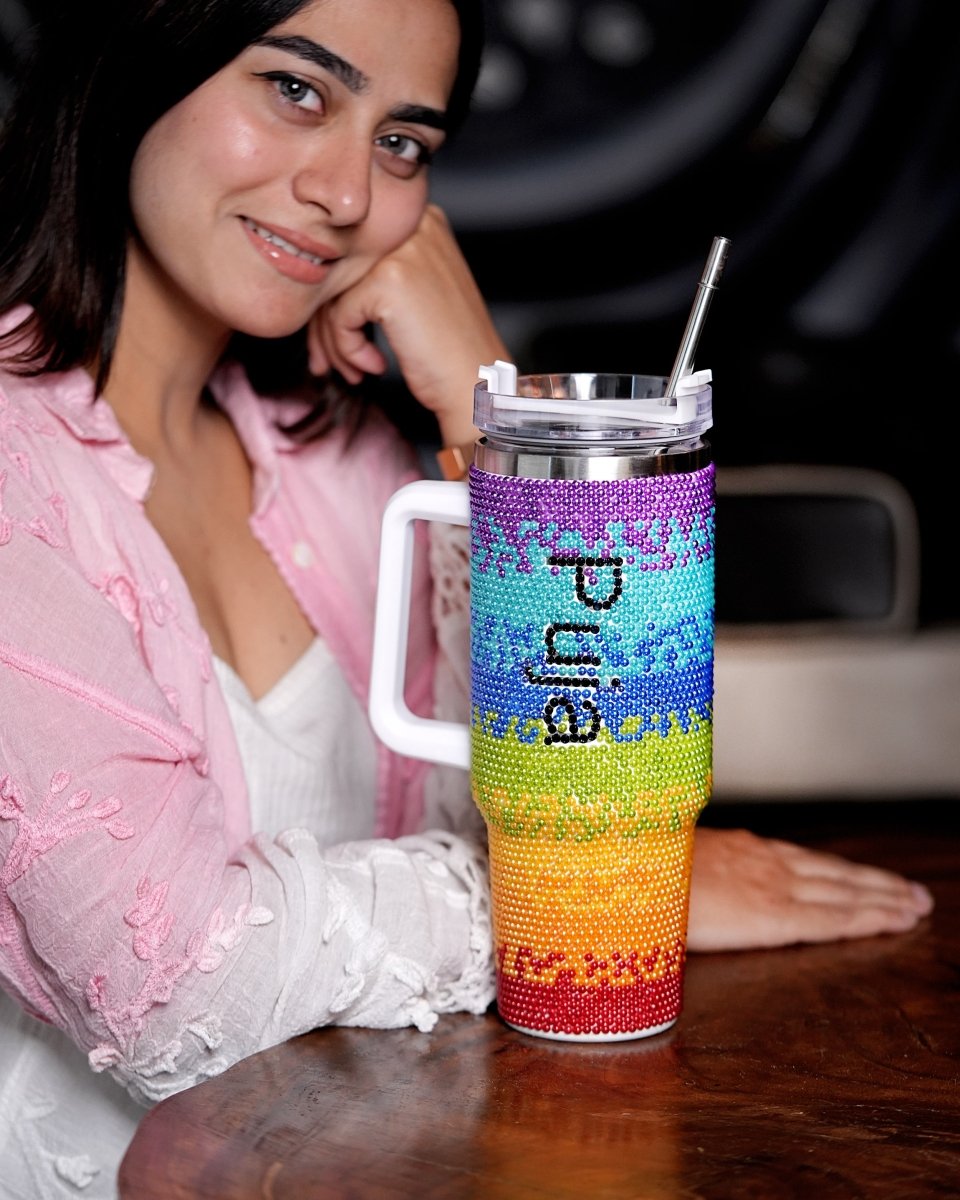 Rainbow Sparkler Handmade Rhinestone Customized Name Tumbler - Rare Owl
