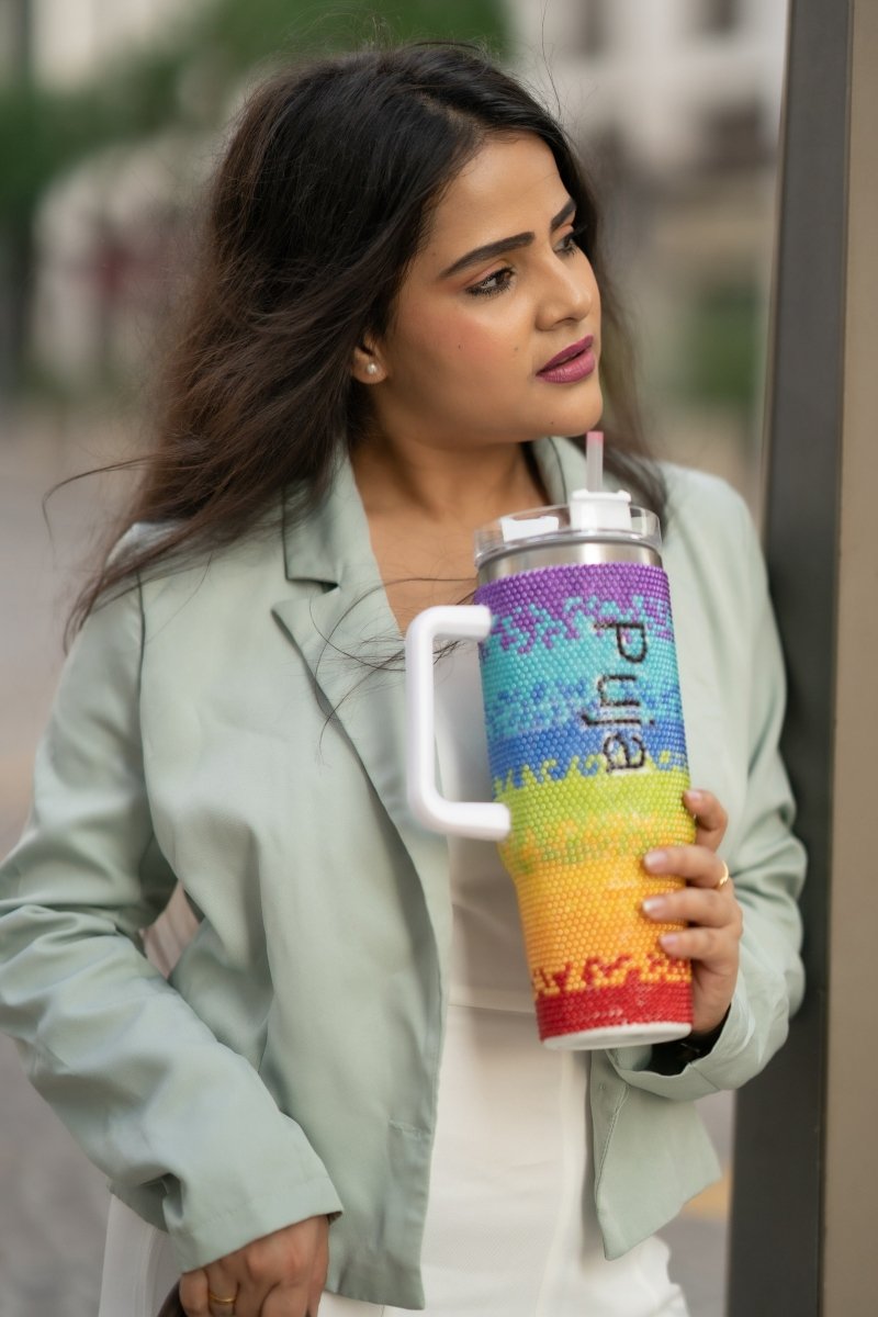 Rainbow Sparkler Handmade Rhinestone Customized Name Tumbler - Rare Owl