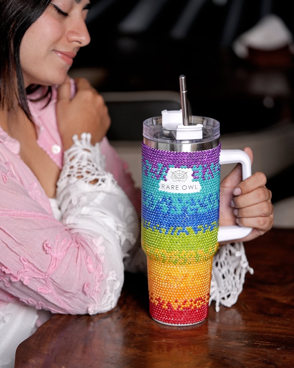 Rainbow Sparkler Handmade Rhinestone Customized Name Tumbler - Rare Owl