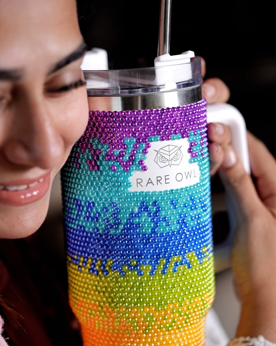 Rainbow Sparkler Handmade Rhinestone Customized Name Tumbler - Rare Owl