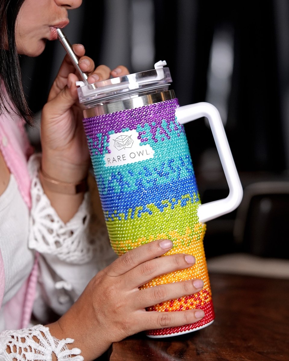 Rainbow Sparkler Handmade Rhinestone Customized Name Tumbler - Rare Owl