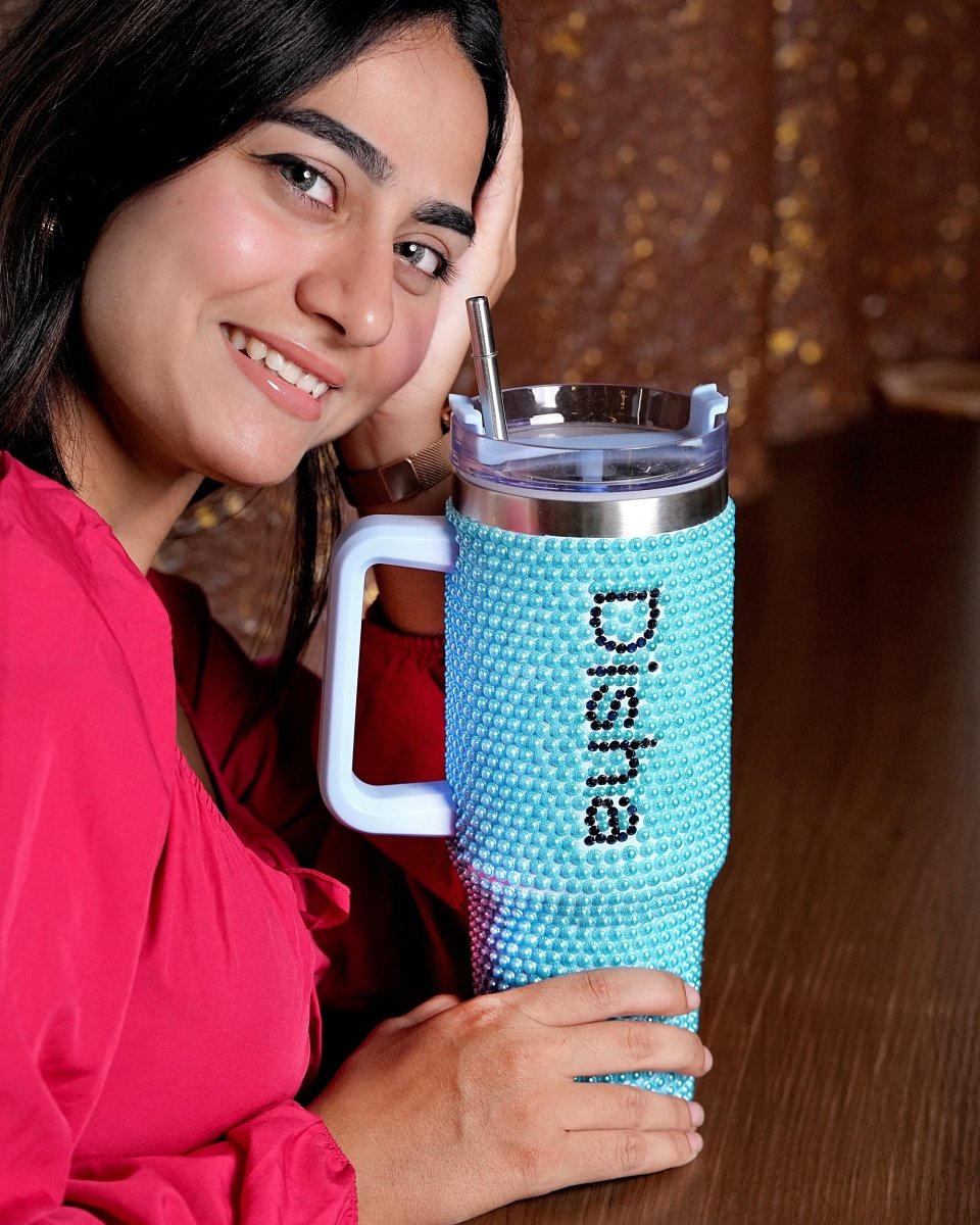 Ocean Sparkle Handmade Rhinestone Customized Name Tumbler - Rare Owl