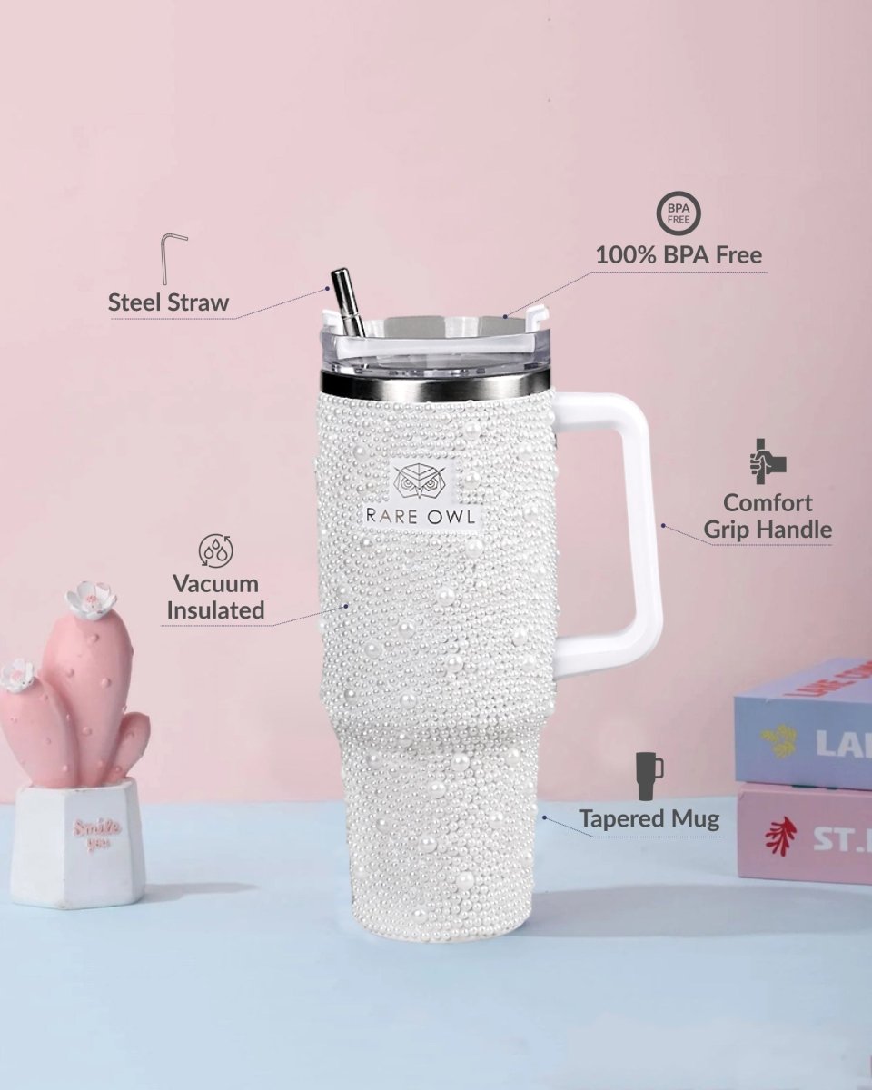 Pearl White Handmade Rhinestone Customized Name Tumbler - Rare Owl